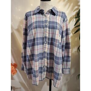 Talbots Classic Cotton Plaid Pearl Button Up Shirt Womens Plus 2X White Blue